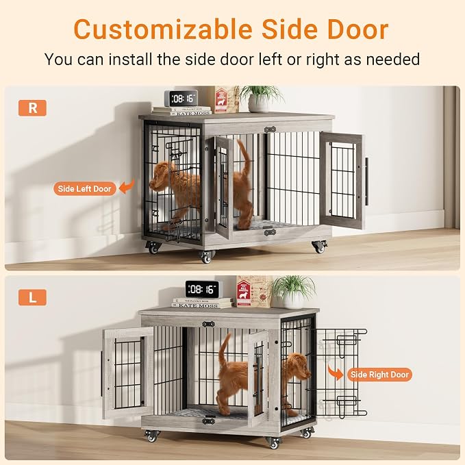 Small Dog Crate Furniture, 27.1'' Heavy Duty Kennel with Cushion & Wheels | Grey, Double Doors, Wooden Dog Cage, Chew-Resistant, End Table, Decorative, 27"/32"/38"/44" Options, Indoor