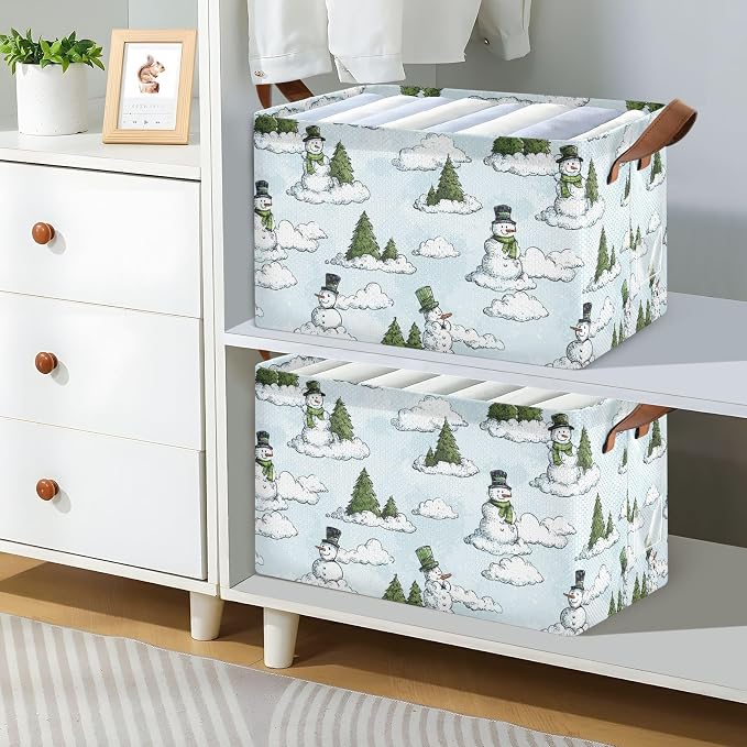 Winter Winter Tree and Snowmen Storage Basket Foldable Cube Storage Bins with Handles&Label Waterproof Organizer Box Bin Large Rectangle Decorative Baskets for Shelves Home Room Laundry 2 Pack