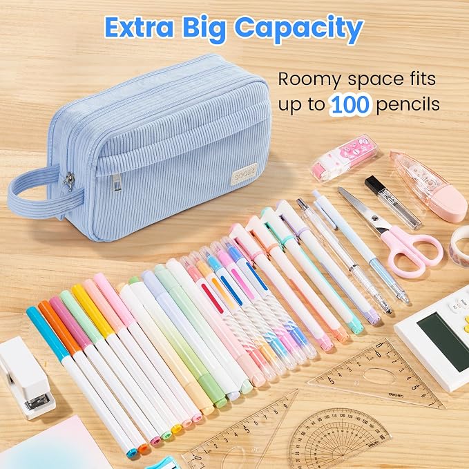 Sooez High Capacity Pencil Case, Soft Corduroy Pencil Pouch | Large Pencil Bag with 4 Compartments, Sturdy Zipper, Cute Pencil Case Pouch Organizer for Student Teen Girls, Black
