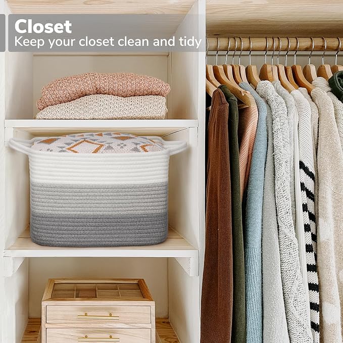 Goodpick Woven Storage Basket for Shelves, 13" x 10" x 9", Gradient Gray | Stylish Gift Basket for Home Decor, Cotton Rope Baskets for Books, Towels & Toys Storage, Bedroom & Nursery Organization