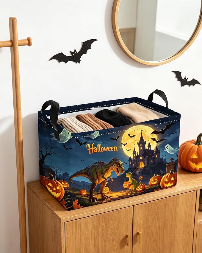 Essme Rectangular Dinosaur Basket,Kids Storage Bins Organizer with Handles for Halloween Room Decor, Gift Basket,Shelf Basket.(Real Dinosaur)