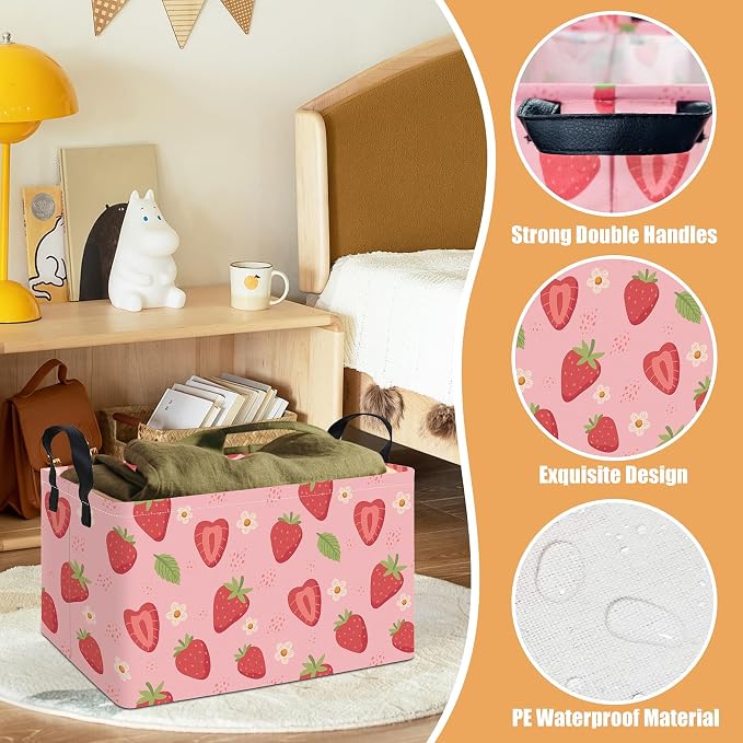 Rectangular Collapsible Storage Basket Toy Organizer Flower Strawberry | Storage Bin Foldable Canvas with Handles for Organizing Home Kitchen Children Toys Office Closet Shelf Baskets