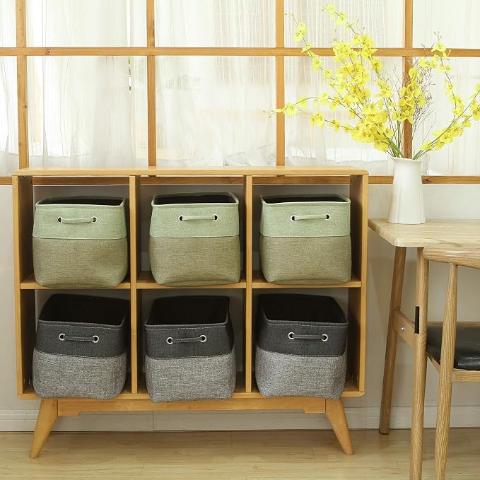 Sea Team Large Rectangle Canvas Open-Top Storage Baskets, 3-Pack | Collapsible Fabric Storage Bins with Handles, Closet Shelf Organizers, 15 x 10 x 10 Inches, Gray & Black