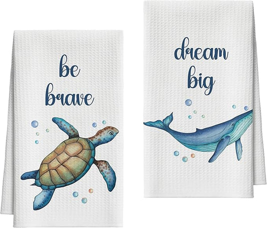 Kitchen Towels Set of 2, Nautical Sea Turtle Whale Dish Towel for Kitchen, Beach Coastal Decorative Hand Towels for Bathroom, Fast Drying Tea Towel, Housewarming Gifts for Women Mom -B11