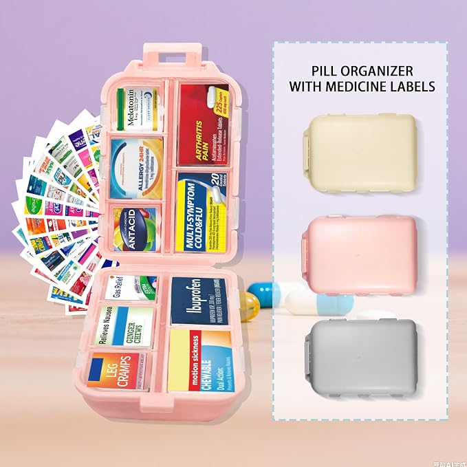 Large Pill Organizer 3 Pack with 146x3 Labels, Pink Grey Beige | Set of 3 large 10-compartment pill cases with 146x3 labels for vitamins, supplements, daily routines, work, and travel