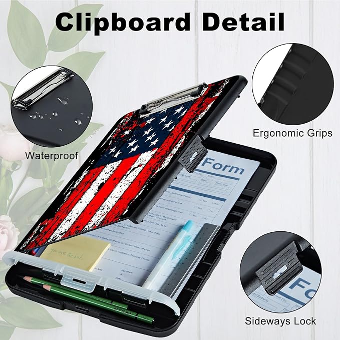A4 Clipboard with Storage Pen Holder, Clipboards Organizer Nursing Clipboard Foldable File Folder Plastic Clipboard Folio Clip Board for Office Work Classroom Doctor, Vintage Black Flag