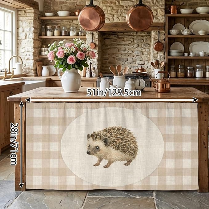 Hedgehog Cabinet Curtains 28"x51" Sink Skirt for Bathroom Kitchen, Vintage Farmhouse Linen Plaid Rustic Animal Self Stick Adhesive Under Desk Covers Tall Laundry Cabinet Storage Organizer