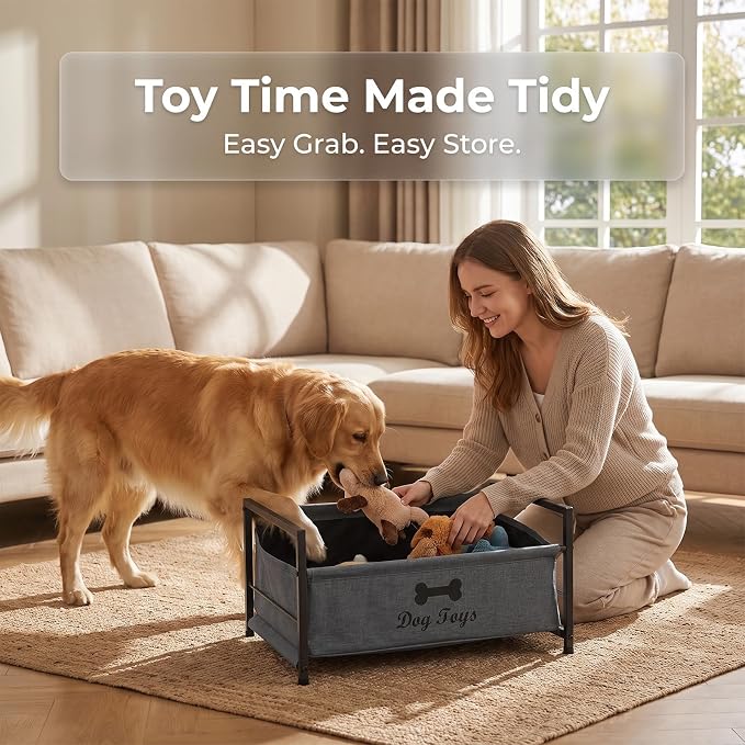 Pethiy Dog Toy Basket, Metal Frame Fabric Pet Storage Bin Front Low Open | pet organizer with Front Low Opening with black metal frame and soft fabric bin for Large Capacity Dog Toy Basket