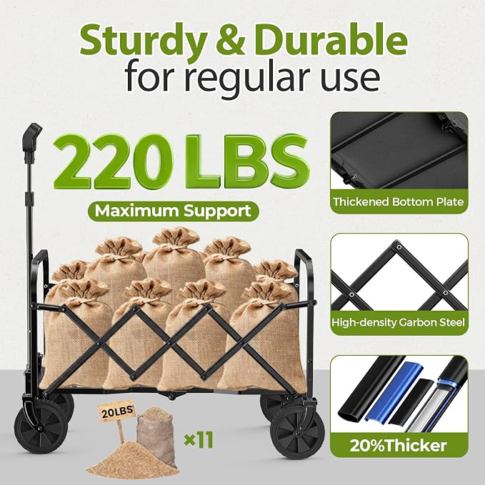 Black Small Collapsible Wagon Cart, Lightweight Portable Foldable Wagon with Wheels, 220lbs Utility Cart for Grocery, Light Camping, Sports, Easy to Fold & Store(Black)