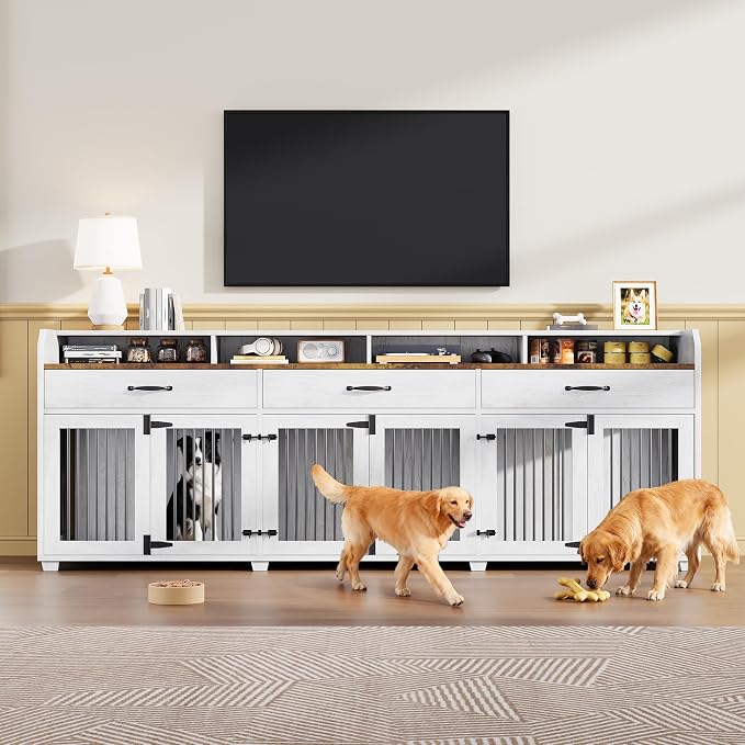 AMERLIFE 95" Dog Crate Furniture with Storage for Medium/Small Dogs | 3-Room Indoor Wooden Dog Kennel, TV Stand & Sideboard with Drawers & Removable Divider, White+Barnwood