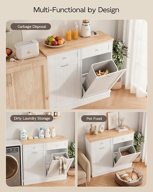 Betterhood Double Tilt Out Trash Cabinet with Power Outlet & USB, Hidden Garbage Can Holder with 2 Storage Drawers, Wooden Laundry Hamper for Kitchen, Bathroom, Living Room, White