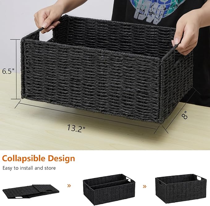 Vagusicc Wicker Storage Basket, Set of 2 Black Wicker Baskets for Bathroom | Hand-Woven Wicker Small Storage Baskets for Organizing Toilet Paper, Foldable Large Cube Storage Organizer Bin for Shelves