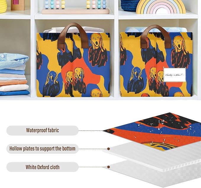 Oil Painting Art The Scream Storage Basket Foldable Cube Storage Bins with Handles&Label Waterproof Collapsible Organizer Box Bin Large Rectangle Decorative Baskets for Shelves Home Room Laundry-2 PC