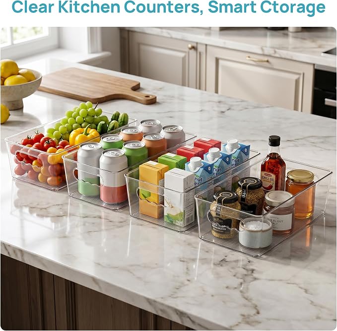 Vtopmart 6pcs Clear Storage Bins with Handles | BPA-free Plastic Storage Containers, Easy to Move, For Fridge Freezer, Pantry Cabinet Kitchen Organization, Built to Last