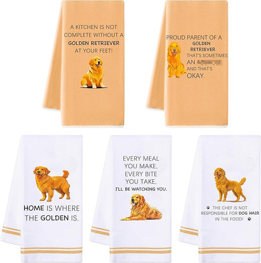 R HORSE Golden Retriever Kitchen Dish Towels - 5Pcs Funny Dog Themed Absorbent Kitchen Dish Cloths for Golden Retriever Lovers, Cleaning Hand Towels Funny Housewarming for Dog Owners