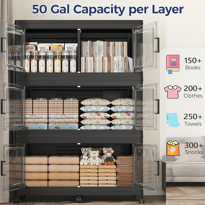 250Gal Stackable Storage Bins with Lid 5-Tier Collapsible Cabinet Closet Organizer Box with Wheels, 1000QT Large Plastic Drawer Container with Doors for Clothes Kitchen Organizing, Black