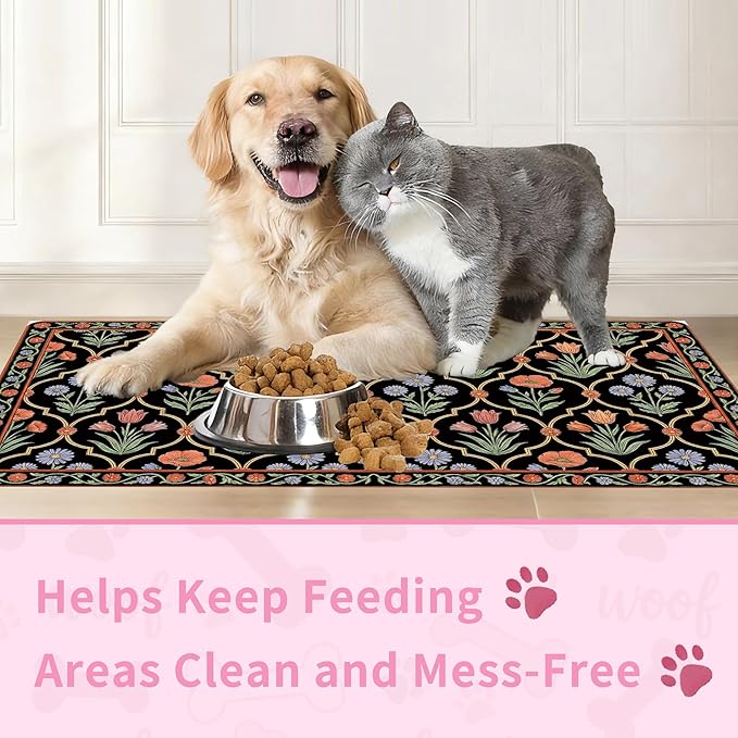 Pet Feeding Mat 30 x 17 Inch, Black Floral Pet Placemat Absorbent Quick-Dry for Food and Water, Waterproof Non Slip Rubber Bowl Pad Mat for Floors