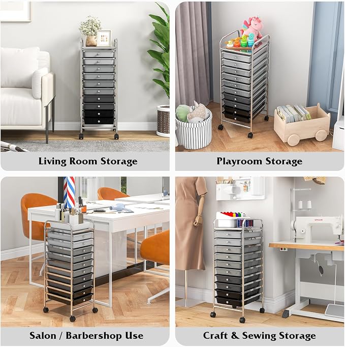 10 Drawer Rolling Storage Cart, Organization Cart with Drawers for Craft Makeup Paper Tool Art Supply, Versatile Utility Cart on Wheels for Home Office Classroom School (Gradient Gray)