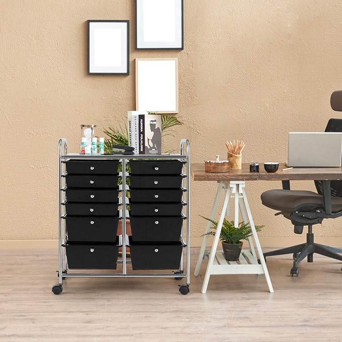 12 Drawer Rolling Storage Cart, Art Cart Organizer on Wheels, Mobile Utility Cart with Drawers, Multipurpose Craft Drawers for Home Office School Classroom (Black)