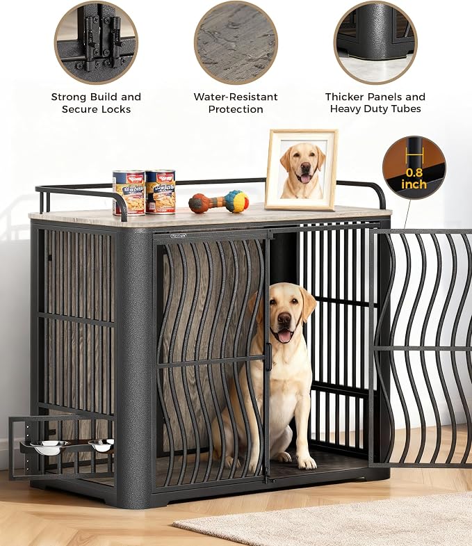 48 Inch Large Dog Crate Furniture, Heavy Duty Wood Dog Kennel Furniture Indoor for Large and Medium Dogs, Pet Crate Furniture with Adjustable Rotating Hanging Bowl and Table, Wood White
