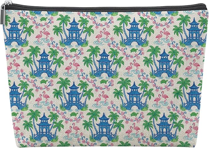 Chinoiserie Coastal Flamingo Empty Mahjong Tile Bag 13x7.8 Inch | Preppy Beach Printed Portable Travel Case Organizer Zipper Pouch for American Mahjong Tiles Game Night Accessories and Gifts