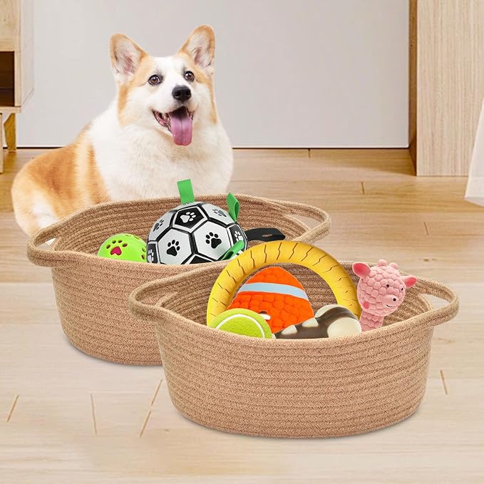 ABenkle Small Basket Empty Gift Basket, Decorative Boho Rope Woven Nursery Storage Organizer Dog Toy Baskets for Baby Showers Christmas Easter with Gift Bags and Ribbons, 12"X 8" X 5"