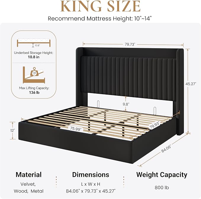 SHA CERLIN King Size Lift Up Storage Bed Frame, Charging Station, Black | Storage Headboard with Charging Station, USB, Type-C Port Velvet Hydraulic Storage Bed No Box Spring Needed Noise Free