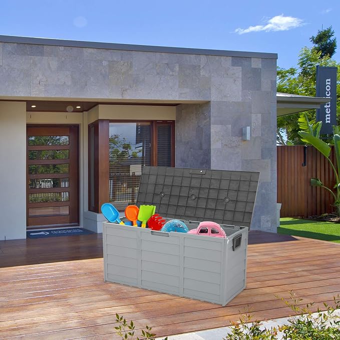 Outdoor Storage Box with Wheels, 75 Gallon Mobile Waterproof Resin Deck Box, Plastic Lockable Containers for Backyard Patio Cushions, Garden Tools, Pool Accessories, UV-Resistant Furniture