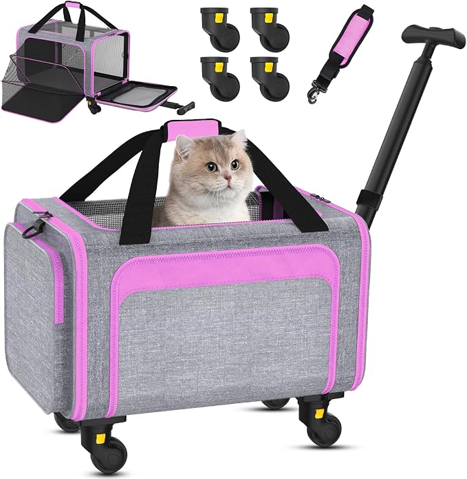 Airline Pet Carrier with Wheels, 18x11x11 for Cats & Toy Dogs | Soft-sided nylon under-seat bag, removable wheels, expandable mesh, cats & toy-breed dogs, measure pet before buying