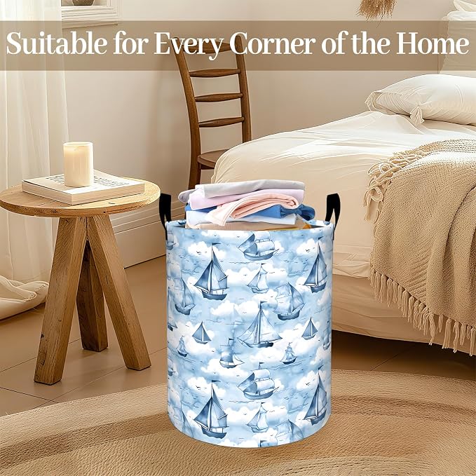 Sailboat Laundry Basket, Vintage Blue Ship Foldable Oxford Cloth, Waterproof Dirty Clothes Hamper with Handles, Clothing Storage Bin Toy Organizer for Bedroom Dorm Bathroom, 19.7"x15.7"