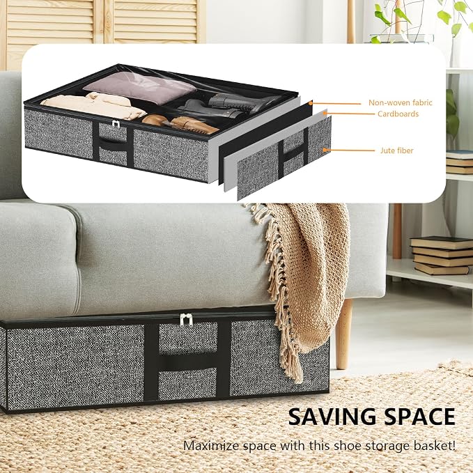 Under the Bed Shoe Organizer Fits 12 Pairs and 4 Pairs Boots,Sturdy & Breathable Materials,Underbed Storage Solution for Kids Men & Women Shoes,Great Space Saver for Your Closet Set of 2