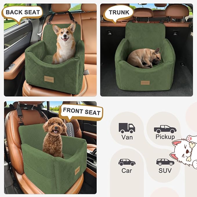 JOEJOY Dog Car Seats for Small Medium Dogs Under 35lbs, Dog Booster Seat with Detachable Washable Cover and Cushion, Memory Foam Pet Car Seat with Safety Belt and Storage Pockets (GN)