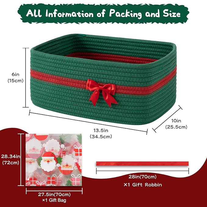 OIAHOMY Large Woven Storage Basket with Handles for Nursery Living Room Shelves, Bow Basket for Gifts Empty with Gift Bags and Ribbons for Baby Showers Pet Toy Bin - Christmas Green