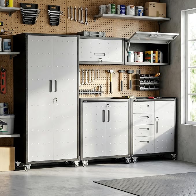 Garage Cabinet System | Heavy Duty Steel All-in-One Modular Garage Cabinet Set for Ultimate Workshop Organization | Easy Assembly Garage Storage Cabinets & Tool Bench