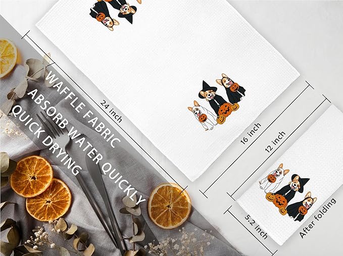 Jvpke Halloween Ghost Corgi Pumpkin Kitchen Towels, Corgi Dish Towels Tea Towels for Kitchen, Halloween Bathroom Hand Towels, 16x24 Inches