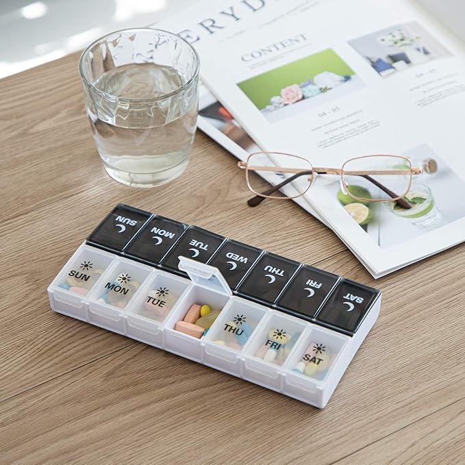 DANYING Large Pill Organizer 2 Times a Day, Weekly Pill Box 2 Per Day, AM PM Pill Case, Day Night Pills Container 7 Day, Vitamin Case Twice a Day, Black & White