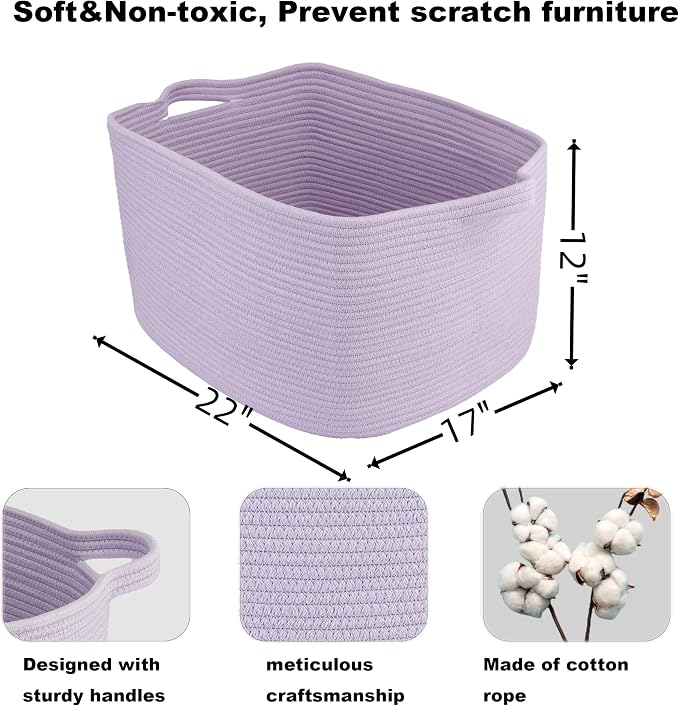 XUANGUO Large Woven Cotton Rope Blanket Basket 22"x17"x12" Lavender Purple | Storage basket for nursery and living room; toy basket for kids, laundry basket for clothes and towels, or gift basket.