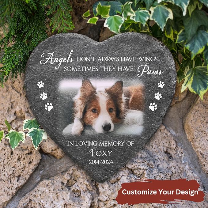 Wrappiness Pet Memorial Stone - Angels Sometimes Have Paws, Personalized Dog Memorial Gifts, Remembrance Condolences Bereavement Gifts for Loss of Pet Custom Photo (Heart 03, Stone)