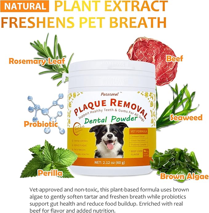 Petstoral Dental Cleaning Kit, Dental Care Wipes to Clean Plaque on The Surface of The Teeth, Beef Liver Flavour Dental Powder with Probiotic to Solve Oral Problems from The Inside of Digestion