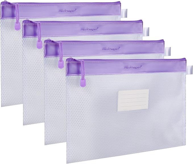 Wisdompro Zipper Pouch, 4 Pack Waterproof Mesh File Bag, Document Organizer | 13.3x9.8", Letter Size Mesh Bag with Outer Label Pocket, Durable, Perfect for File, Paper, Pen, Office, School & Home, Purple