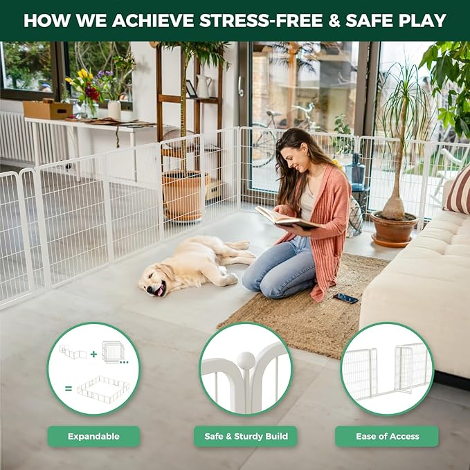 FXW Homeplus Indoor Dog Playpen, 40" H, 16 Panels, for Medium & Large Dogs | Stress-free play, Heavy-duty, Semi-open design, Easy setup, Threshold-free gate, Expandable, Patented