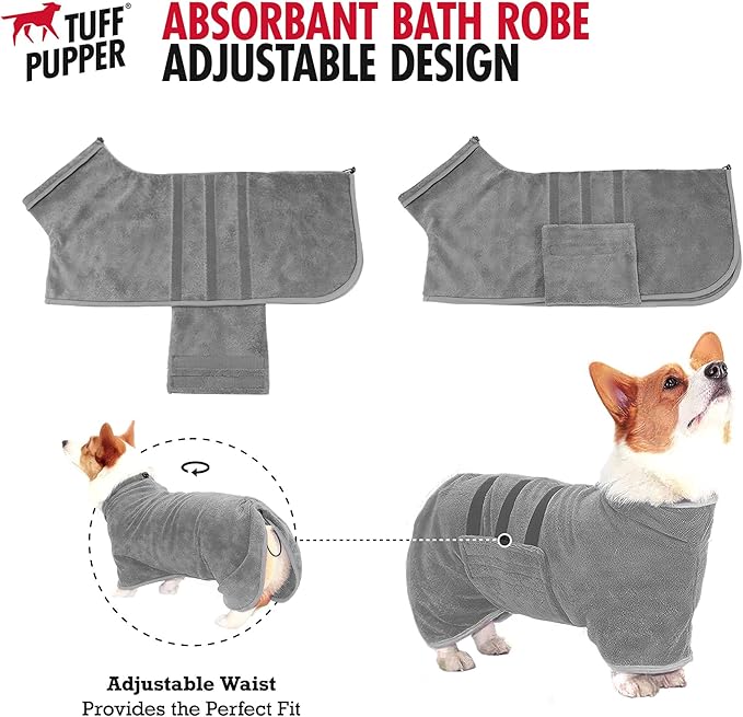 Tuff Pupper Fast Drying Dog Bath Robe | 800 GSM Plush Dog Towel Bathrobe/Dressing Gown | Super Absorbent Pet/Puppy Bathrobe | Adjustable Hood & Belly Strap | Super Soft | Fast Drying (S, Gray)