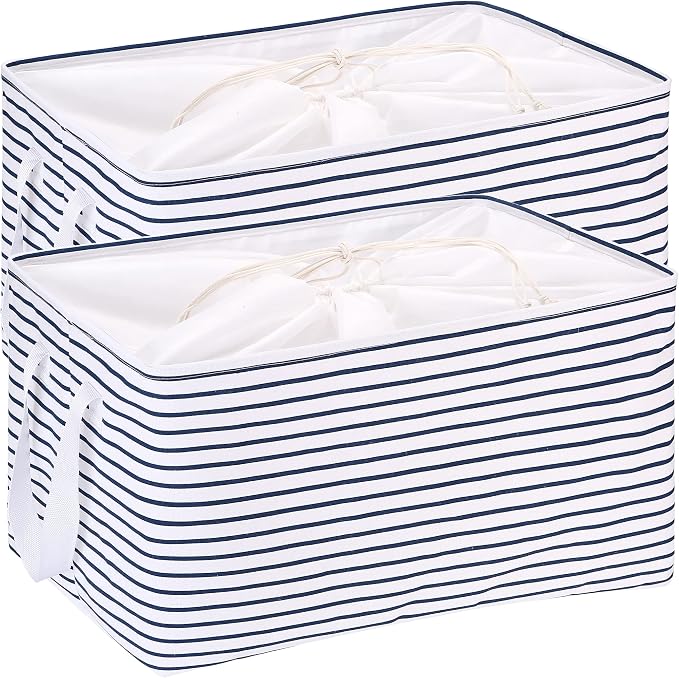 Hinwo 102L XXL Canvas Storage Bin with Lid and Handles, 2-Pack | Collapsible Fabric Baskets, Closet Shelf Organizers, Containers for Clothing, Blankets, Toys, Bedding (Navy Stripe)