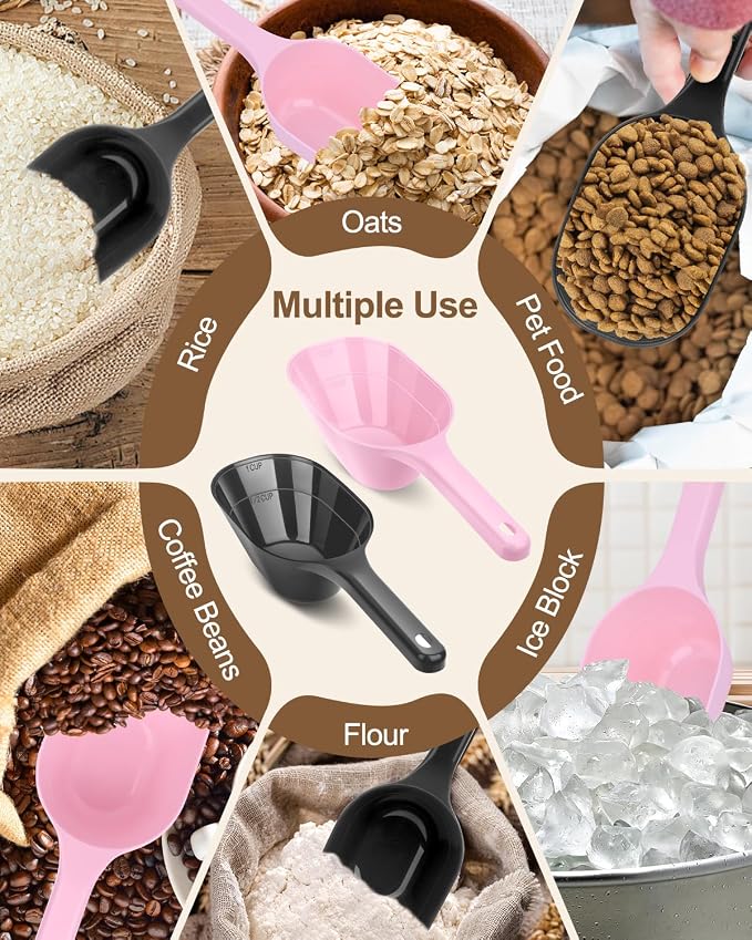2 PACK Dog Food Scoop,1 Cup Capacity Pet Food Scoop For Dog and Cat | Black and Pink,Clear Markings for Precise Measuring 1/2 and 1 Cup Lines,Dishwasher Safe,Plastic,Portable and Sturdy