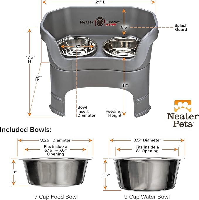 Neater Feeder Deluxe Mess-Proof Elevated Dog Bowls for Large Dogs (40+ lbs), 2 Height Adjustable (14.5” & 17.5”) No-Spill Raised Dog Bowl Stand, Stainless Steel Food Bowl Set, Made in USA, Gunmetal
