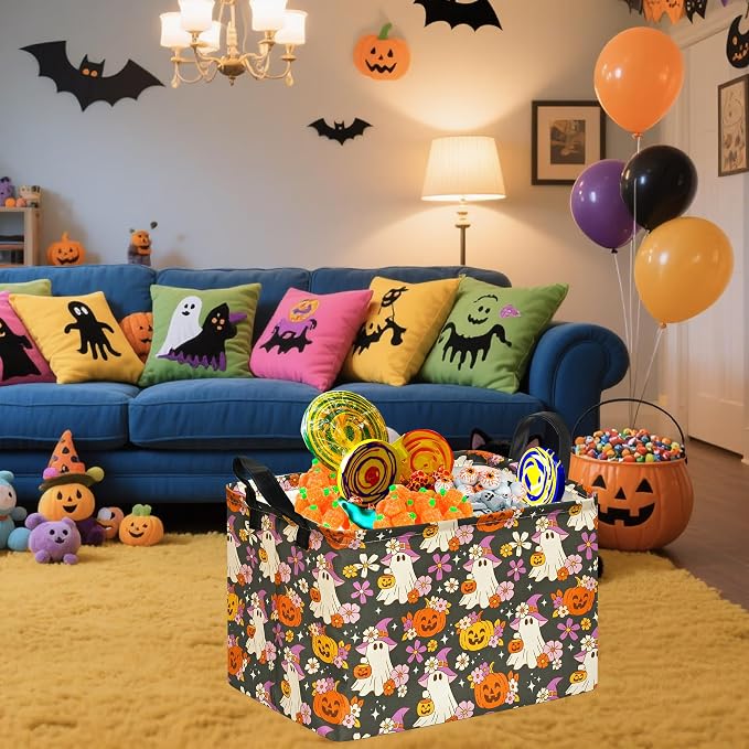 Halloween Pumpkin Ghost Storage Basket, Foldable Toy Organizer Bin | Halloween Pumpkin & Ghost Design with Cotton Linen Fabric, Waterproof Lining, Leather Handles and Foldable Storage Style