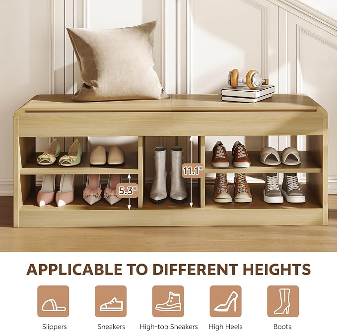 Shoe Storage Bench with Flip-Open Box & Shelf, Natural | 47.2in Bench Fits Hallways, Bedrooms And Living Room, With Sturdy Wood Construction For Daily Use