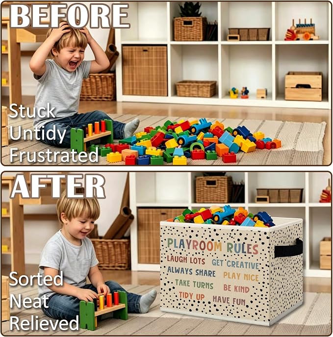 Boho Nursery Playroom Cube Storage Bins with Handles, Playroom Rules Collapsible Fabric Storage Basket Boxes Books Clothes Organizer for Kids Boys Girls Room Bedroom Playroom Bathroom