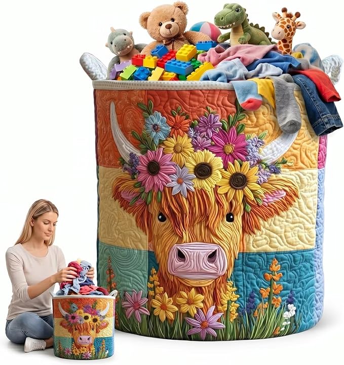 Western Bow Cowgirl Floral Cow Laundry Basket, Cute Toybox for Girls Room, Collapsible Clothes Toys Storage Bin Hamper for Bedroom Dorm(16" x 22")