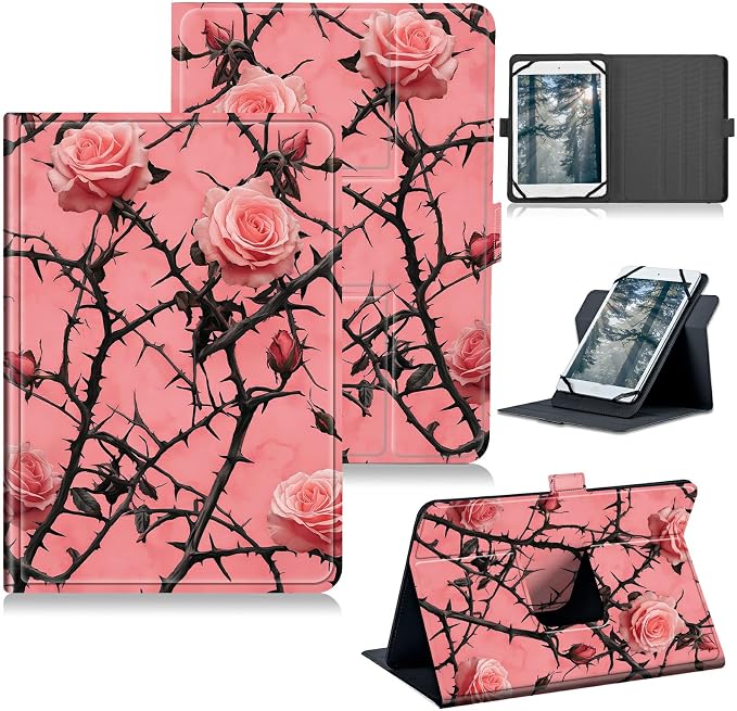 Universal Case for T-Mobile Revvl Tab 2 10.1" Model:9185W 2025/Revvl Tab 5G 10.36" 2023, 360 Degree Rotating Kickstand Protective Stand Leather Shell Cover for 9"-10.5", Pink Flower Tree